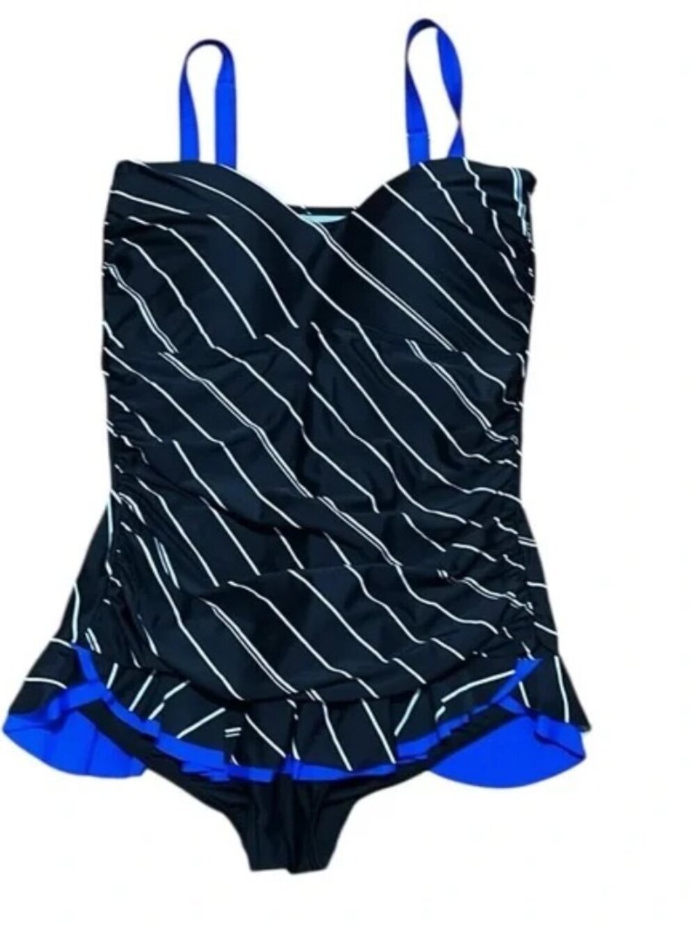 NWT MAZU Swim Striped Black and Blue Swimsuit with skirt US 24W